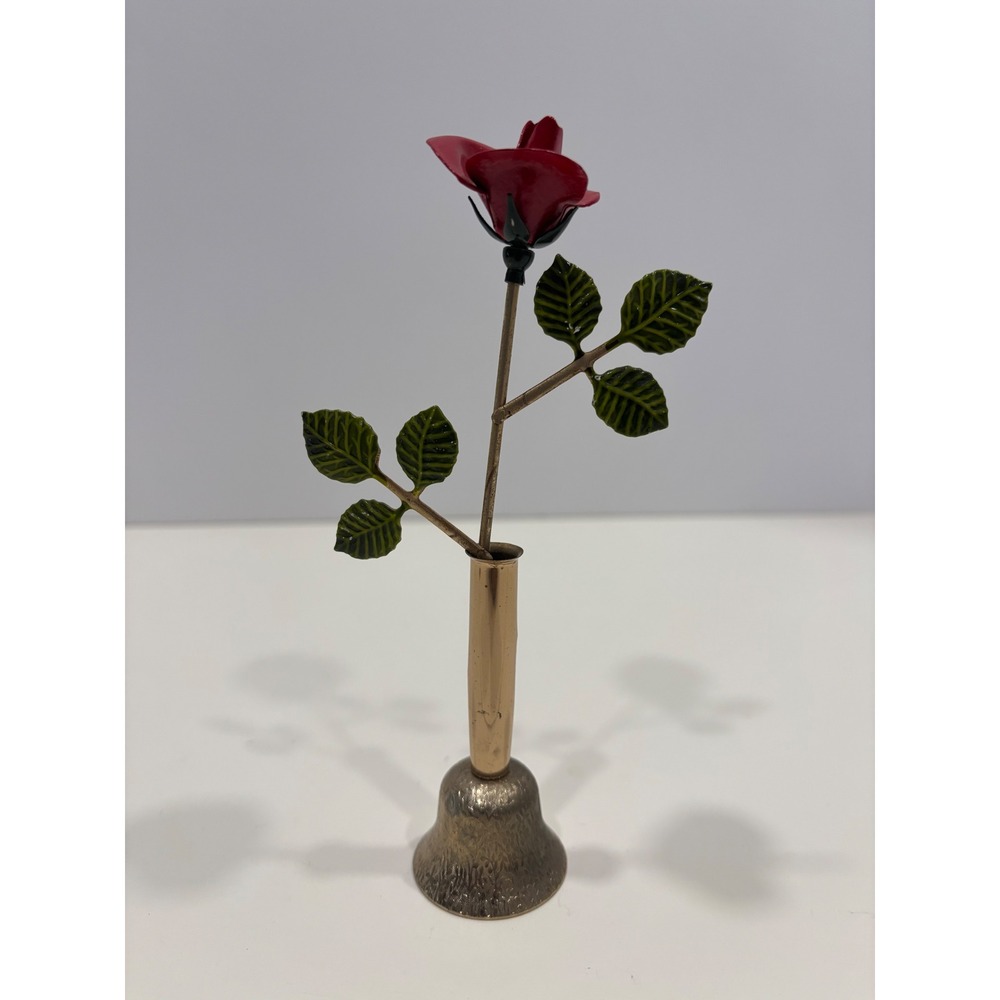 Vintage Miniature Metal Red Rose Figurine in Brass Bell Base Decorative Flower
